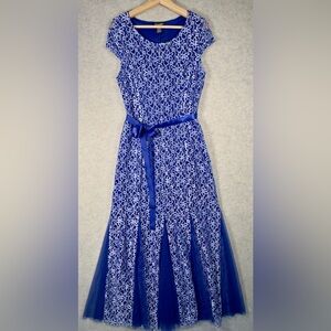 Royal Blue Lace Maxi Gown Fit & Flare Dress Stretch Tie Pullover Short Sleeve